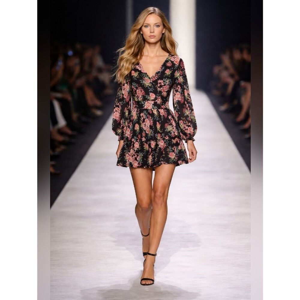 Vanilla Bay Black Floral Long-Sleeve Tiered V-Neck Dress